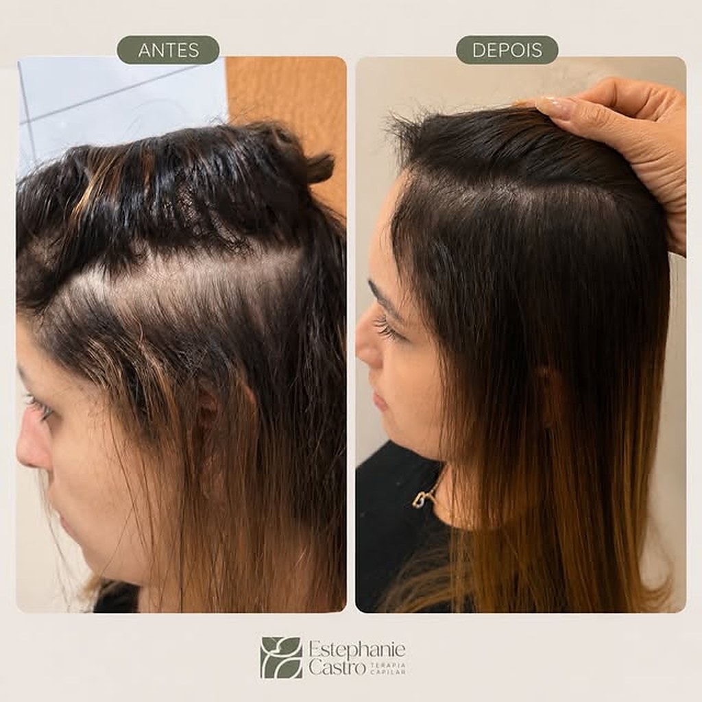 Antes e depois da região da raiz após protocolo de terapia capilar
