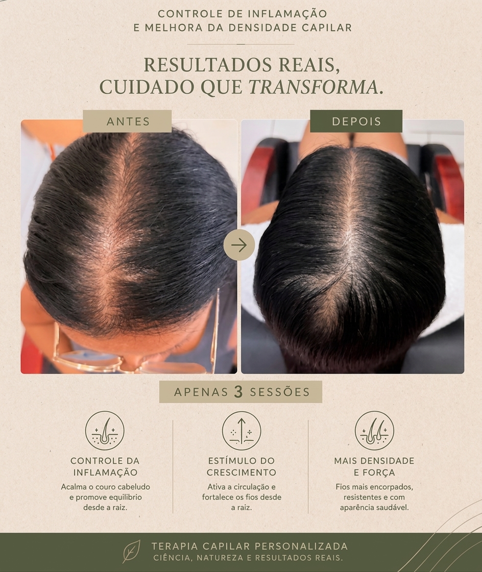 Antes e depois de controle de inflamação e melhora da densidade capilar após três sessões